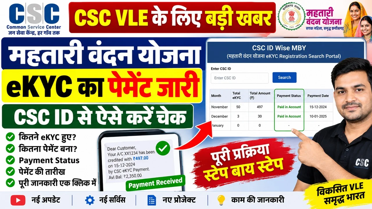 Read more about the article CSC VLE eKYC Payment 2026: महतारी वंदन योजना eKYC पेमेंट जारी, CSC ID से ऐसे करें चेक