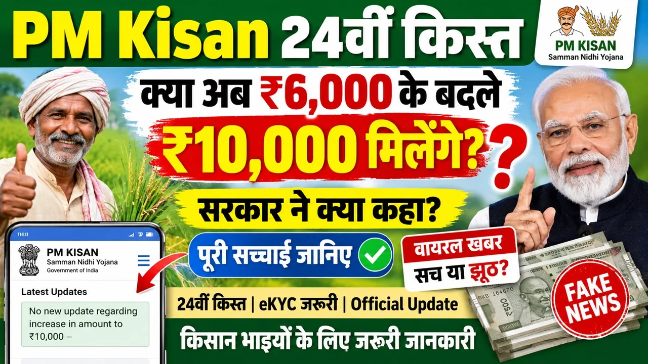 Read more about the article PM Kisan 24वीं किस्त: ₹6,000 के बदले ₹10,000 मिलेंगे या नहीं? जानिए पूरी सच्चाई